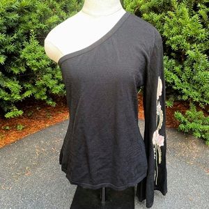 INC One Shoulder Black with Floral Embroidery Top